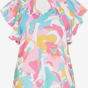 Ruffled Printed Notched Cap Sleeve Blouse